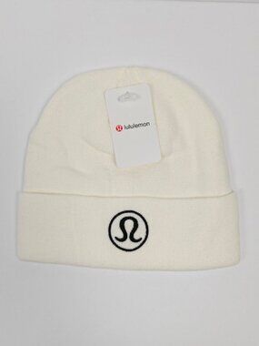 Lululemon Logo Cuffed Knit Beanie in White With Black Logo NWT